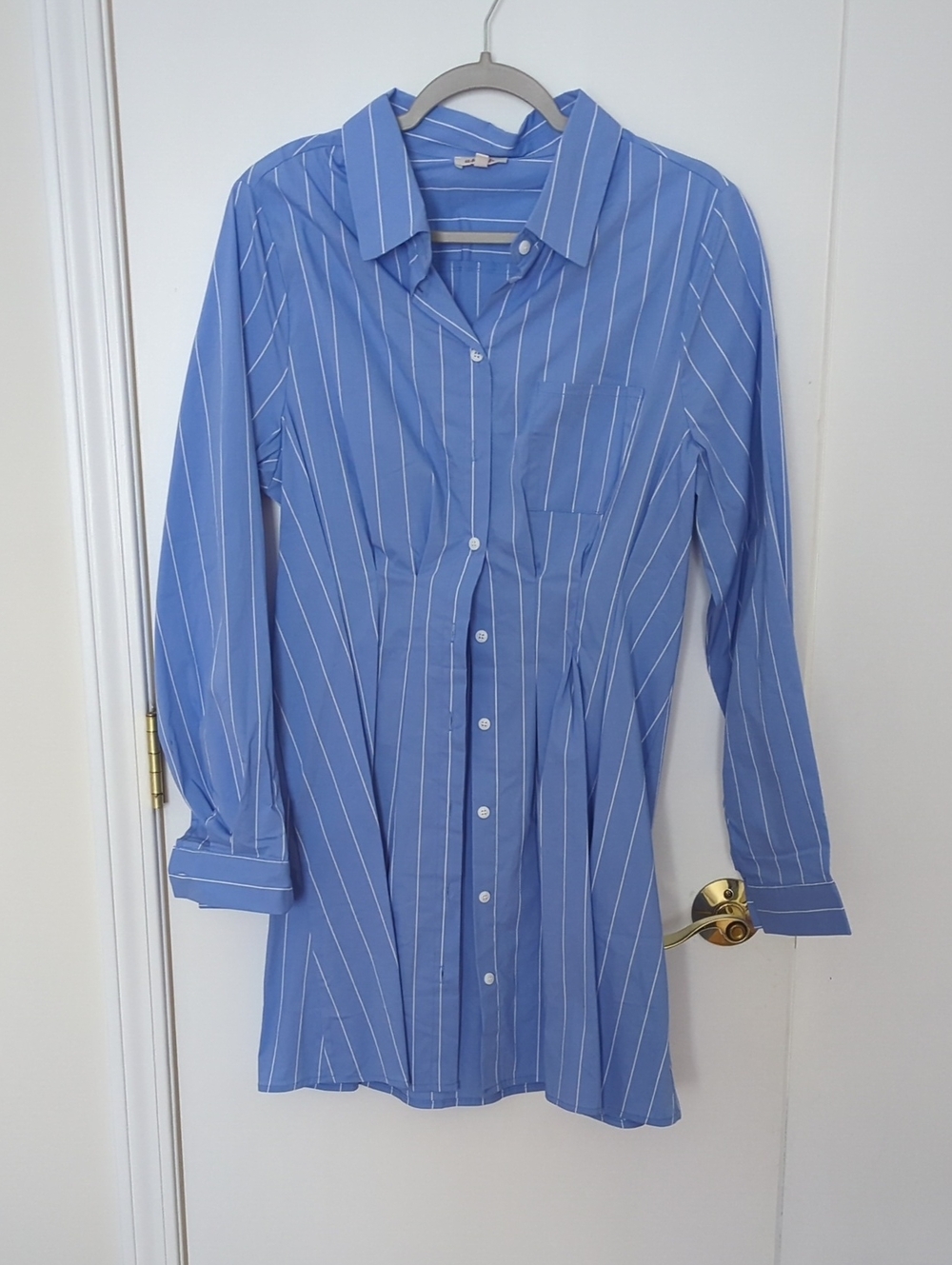 Striped Long-Sleeve Shirt Dress in Blue by